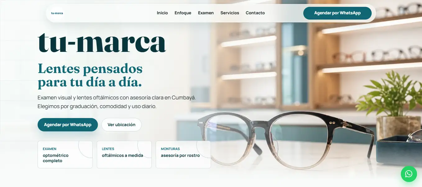 Vista previa de sitio para óptica editorial