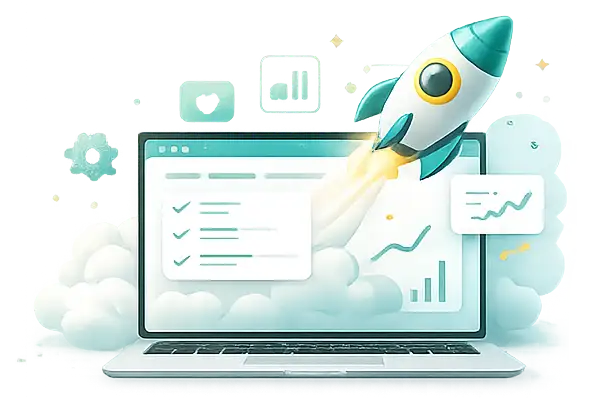 Ilustración de una laptop publicando una página web con un cohete despegando